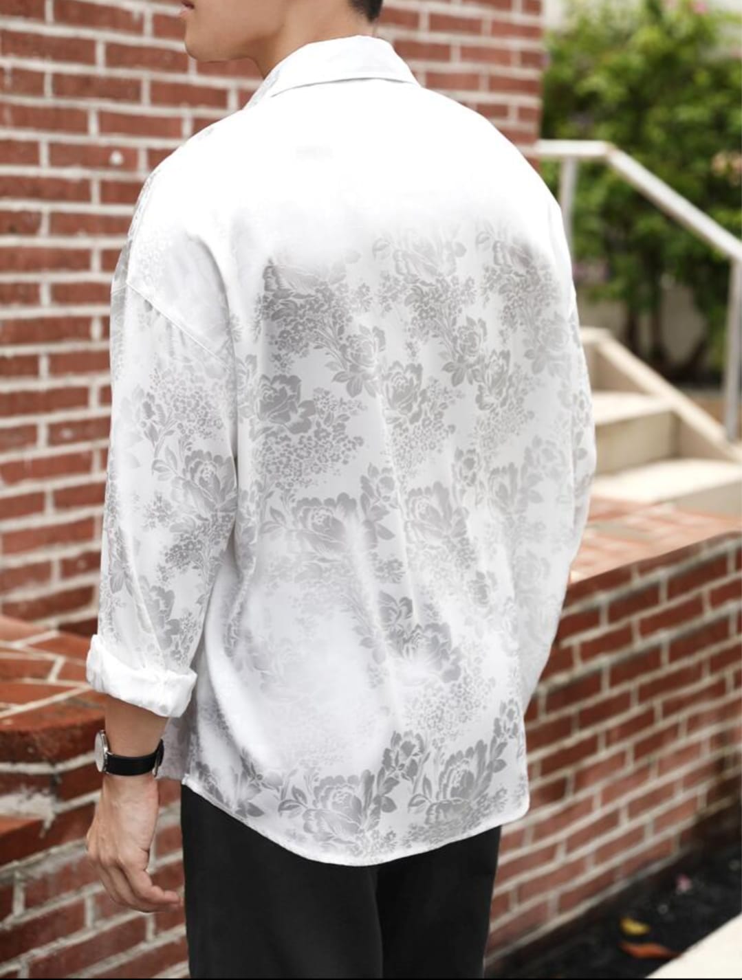 Men's White Floral Jacquard Satin Casual Shirt